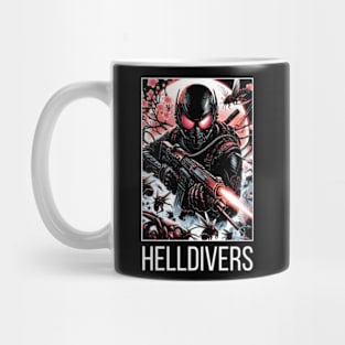 dynamic composition of Helldivers fighting against a swarm of insect-like aliens - fantasy Mug